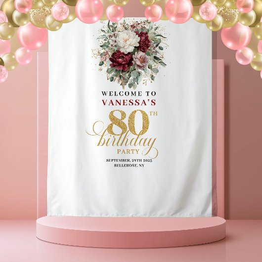 高級感のあるピンクの花々 80歳の誕生日背景 タペストリー