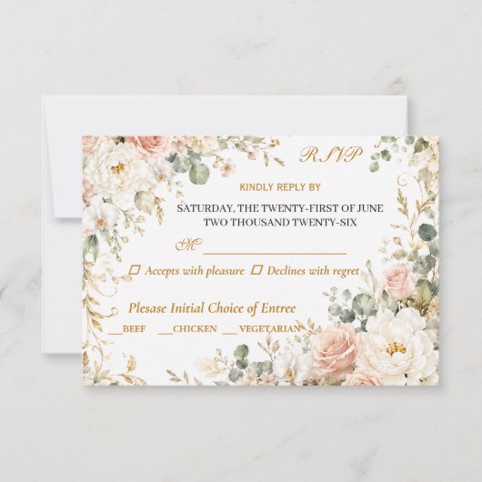高級感のあるピンクの花の結婚式RSVPカード 出欠カード (正面)