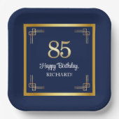 高級感のあるブルーゴールドの85歳の誕生日パーティー ペーパープレート (正面)