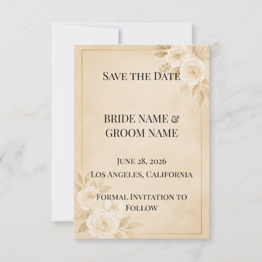 高級感のあるベージュとゴールドの結婚式の事前お知らせカード セーブザデート (正面)