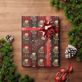 高級感のあるレッドタターンチェックのクリスマステディベア ラッピングペーパー