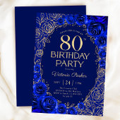 高級感のあるロイヤルブルーとゴールドの花模様の80歳の誕生日 招待状