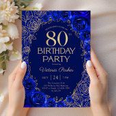 高級感のあるロイヤルブルーとゴールドの花模様の80歳の誕生日 招待状