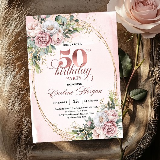 高級感のあるローズゴールドの花柄 50歳の誕生日招待状 招待状