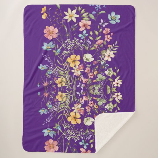 高級感のある優雅な紫の花柄 シェルパブランケット (正面)