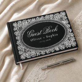 高級感のある刺繍レースの黒と白の結婚式 ゲストブック