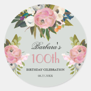 高級感のある手描きの花で飾る100歳のバースデーウェルカム ラウンドシール