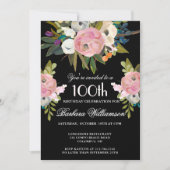 **高級感のある手描きの花柄 100歳の誕生日パーティー 招待状 (正面)