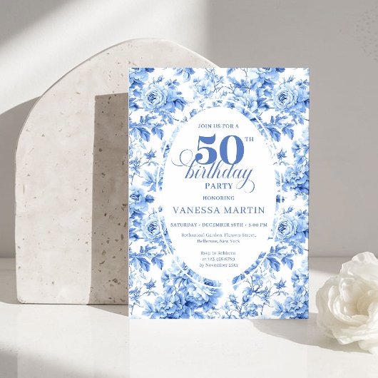 高級感のある深い青のトワル・ド・ジュイ薔薇の50歳の誕生日招待状 招待状