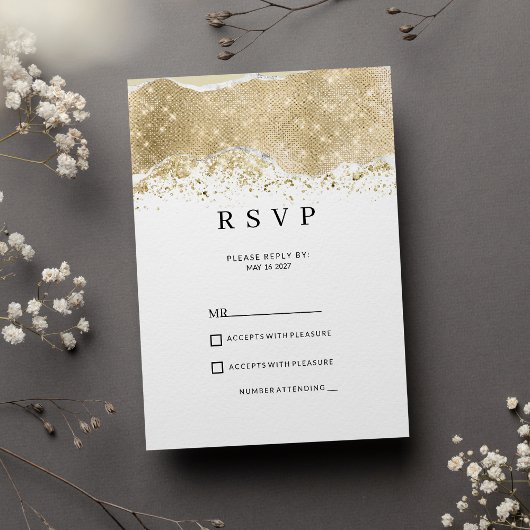 高級感のある白とシルバーとゴールドのグリッターRSVP 招待状