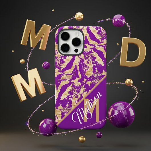 高級感のある紫色のアメジストとゴールドの大理石のカスタムモノグラムデザイン Case-Mate iPhoneケース