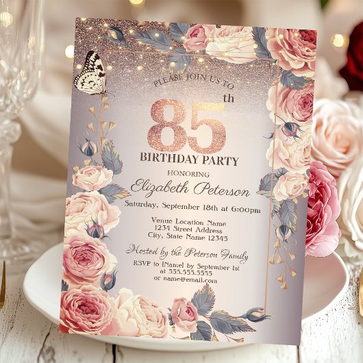 高級感のある花と蝶とライトの85歳の誕生日 招待状