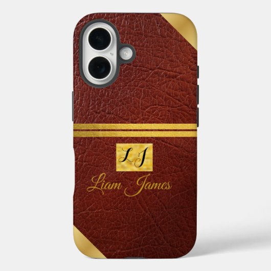 高級感のある茶色の革のゴールドモノグラムiPhoneケース Case-Mate iPhoneケース (裏面)
