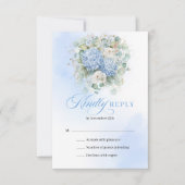 高級感のある青いアジサイの金の結婚式RSVPカード 出欠カード (正面)