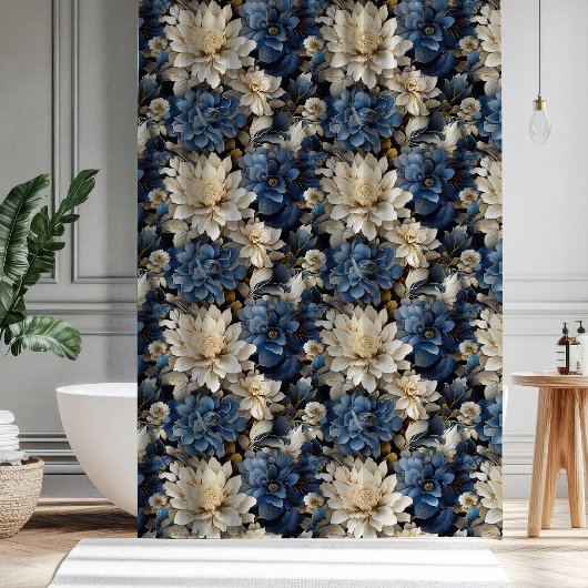 高級感のある青と白とアイボリーの花柄シャワーカーテン シャワーカーテン