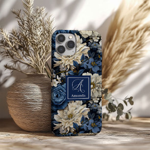 高級感のある青と白の花柄のラグジュアリーフォンケース iPhone 16ケース