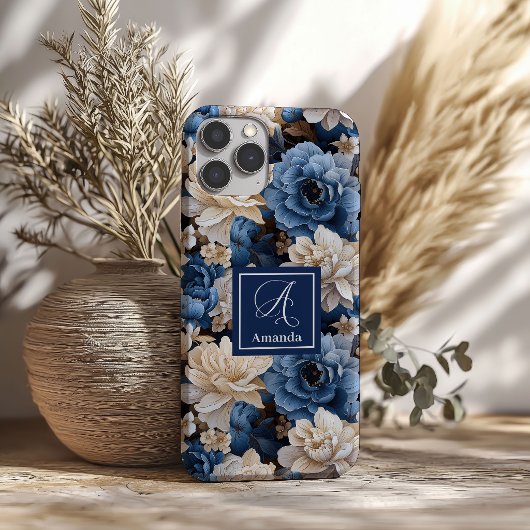 高級感のある青と象牙色の花 エレガントなスマホケース Case-Mate iPhoneケース