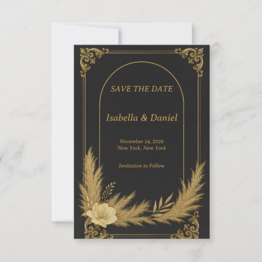 高級感のある黒とゴールドのSave the Dateカード セーブザデート (正面)