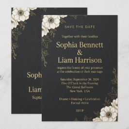 高級感のある黒と金のフラワー Save the Date カード