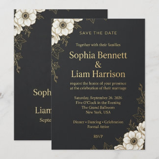 高級感のある黒と金のフラワー Save the Date カード