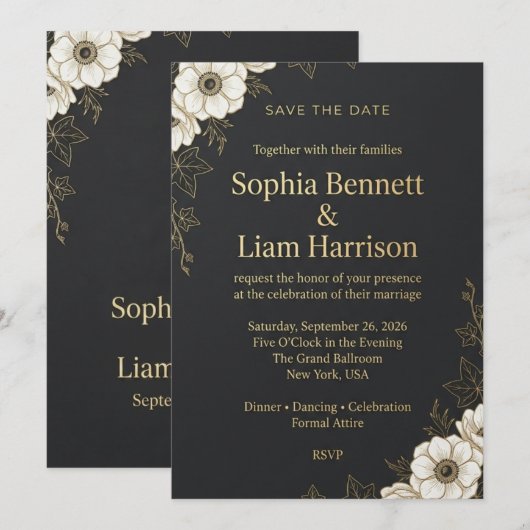 高級感のある黒と金のフラワー Save the Date カード (正面/裏面)