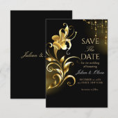 高級感のある黒と金のフラワー Save the Date カード (正面/裏面)
