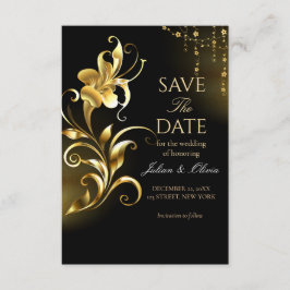 高級感のある黒と金のフラワー Save the Date カード