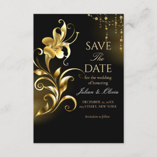 高級感のある黒と金のフラワー Save the Date カード