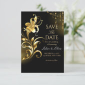 高級感のある黒と金のフラワー Save the Date カード (スタンド正面)