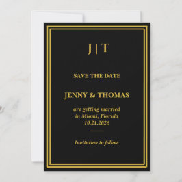 高級感のある黒と金のモノグラム Save the Date カード