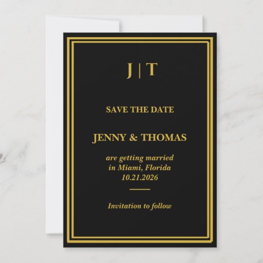 高級感のある黒と金のモノグラム Save the Date カード (正面)