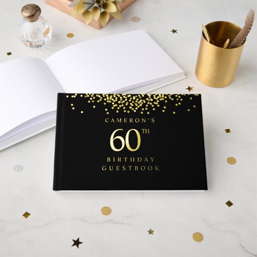 高級感のある黒と金の箔押しカスタム60歳の誕生日 ゲストブック (正面見開き)