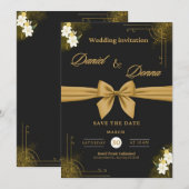 高級感のある黒と金の結婚式招待状フラットカード (正面/裏面)