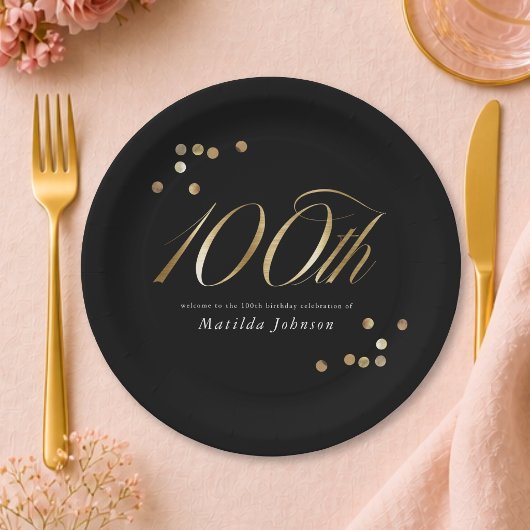 高級感のある黒と金の100歳の誕生日パーティー ペーパープレート