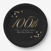 高級感のある黒と金の100歳の誕生日パーティー ペーパープレート (正面)