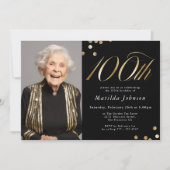 高級感のある黒と金の100歳の誕生日フォト 招待状 (正面)
