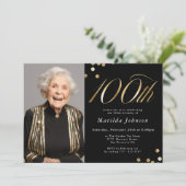 高級感のある黒と金の100歳の誕生日フォト 招待状 (スタンド正面)