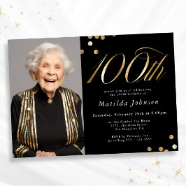 高級感のある黒と金の100歳の誕生日フォト 招待状