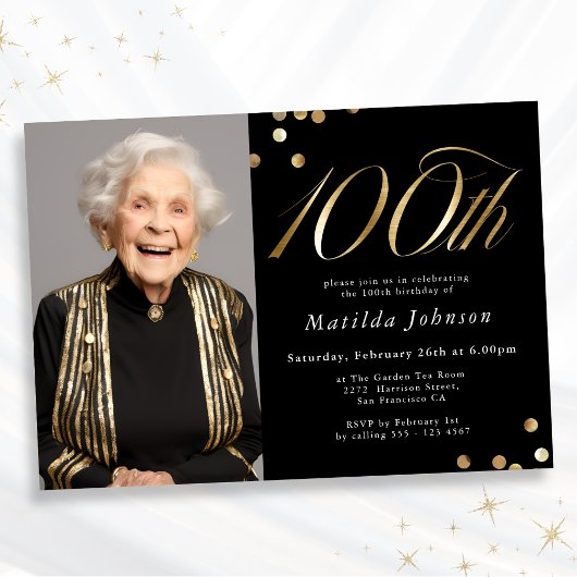 高級感のある黒と金の100歳の誕生日フォト 招待状