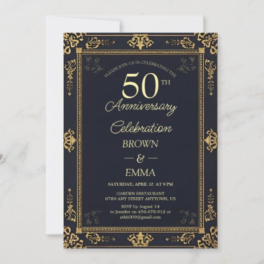 高級感のある黒と金の50周年記念のお祝いに 招待状 (正面)