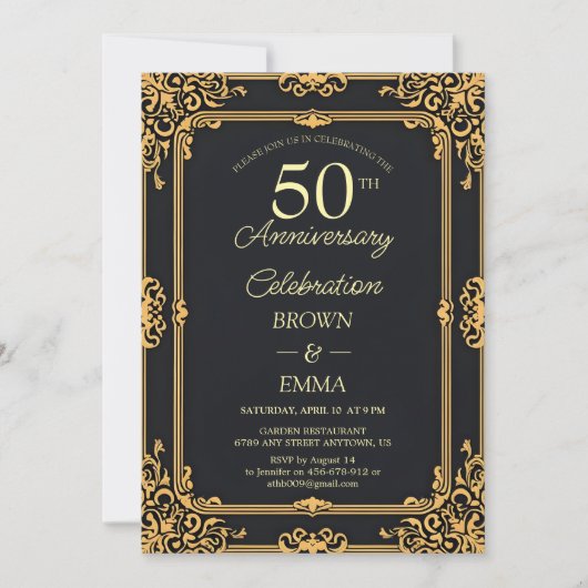 高級感のある黒と金の50周年記念のお祝いに 招待状 (正面)