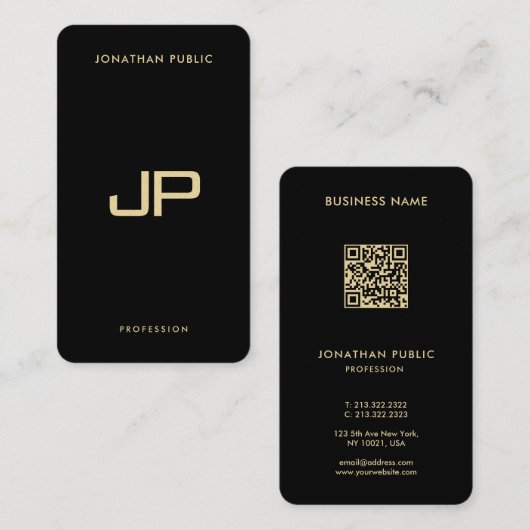 高級感のある黒と金のQRコード入りプレミアムパール 名刺 (正面/裏面)