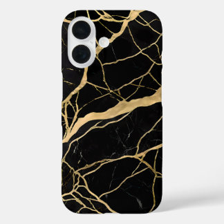 高級感のある黒大理石と金の模様 iPhone 16ケース
