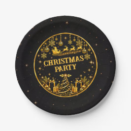 高級感のある黒金サンタのクリスマスパーティー用の紙皿 ペーパープレート