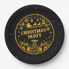 高級感のある黒金サンタのクリスマスパーティー用の紙皿 ペーパープレート