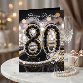 高級感のある黒金真珠ダイヤモンド80歳の誕生日 カード
