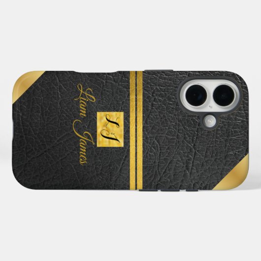 高級感のある黒革のゴールドモノグラムカスタムネーム Case-Mate iPhoneケース (裏面 (横))