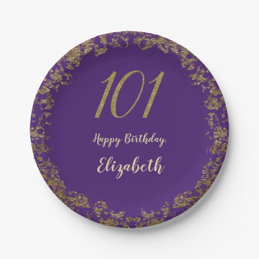 高級感のある101歳の誕生日 パープルとゴールド ペーパープレート (正面)