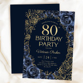 高級感のある80歳の誕生日 ネイビーブルーとゴールドのフラワー柄 招待状