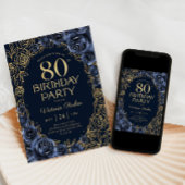 高級感のある80歳の誕生日 ネイビーブルーとゴールドのフラワー柄 招待状
